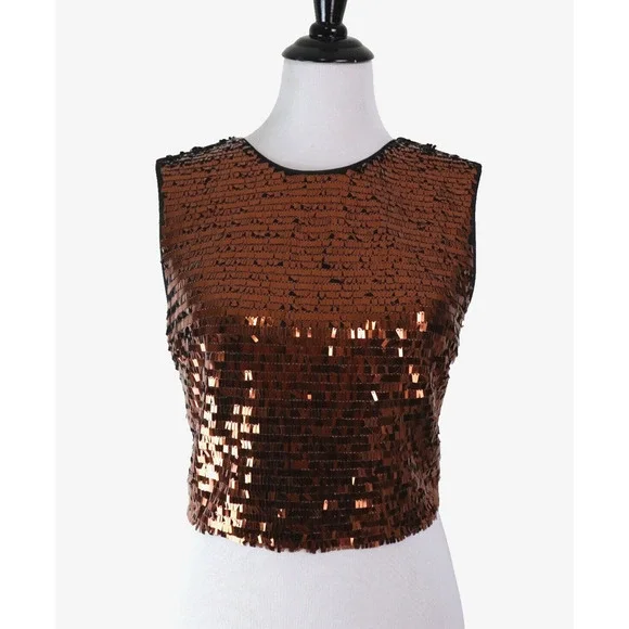 Ali & Jay Size L Disco Ball Copper Sequin Crop Top Black Zip Back - Picture 3 of 13